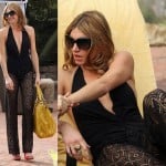 Josslyn’s black plunge twist front swimsuit and crochet cover-up pants on Mistresses