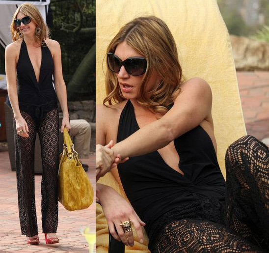 Josslyn’s black plunge twist front swimsuit and crochet cover-up pants on Mistresses