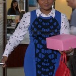 Mindy’s star print shirt and blue sleeveless dress on The Mindy Project