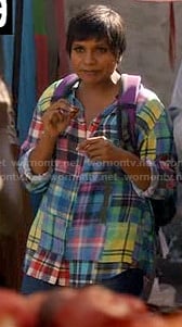 Mindy's multi-colored patchwork plaid shirt in Haiti on The Mindy Project