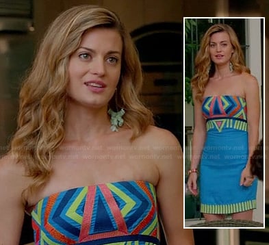 Paige's blue stripe patterned strapless mini dress on Royal Pains