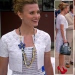 Paige’s white striped ruffle dress and eyelet detail cropped jacket on Royal Pains