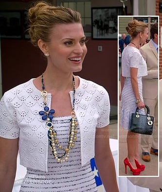 Paige's white striped ruffle dress and eyelet detail cropped jacket on Royal Pains