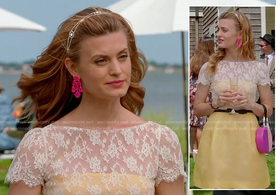 Paige's yellow lace overlay dress, pink statement earrings and circular purse on Royal Pains