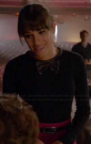 Rachel's black leather bow sweater on Glee