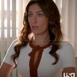 Shelby’s white dress with brown tie front on Royal Pains