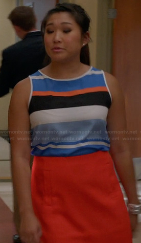 Tina’s blue and orange striped top and orange skirt on Glee