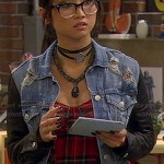 Veronica’s plaid bustier top and denim jacket with leather sleeves on Dads