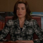 Alicia’s black and white crosshatch jacket with leather trim on The Good Wife