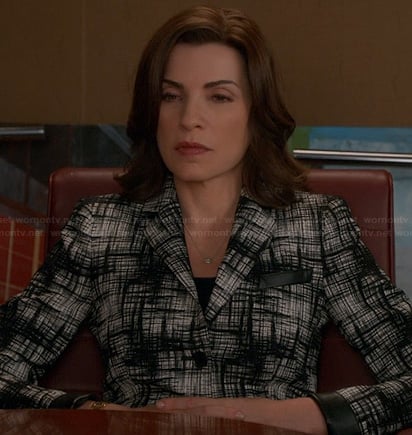 Alicia's black and white crosshatch jacket with leather trim on The Good Wife