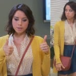 April’s yellow dot print top, blue skirt and yellow cardigan on Parks and Recreation