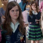 Betsey’s embellished cardigan and navy/green striped skirt on The Mindy Project