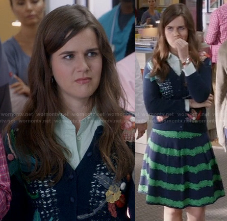 Betsey's embellished cardigan and navy/green striped skirt on The Mindy Project