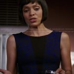 Camille’s blue and black patterned dress with triangle inset on Bones