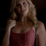 Caroline’s pink pintuck henley cami on The Vampire Diaries