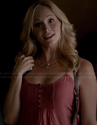 Caroline's pink pintuck henley cami on The Vampire Diaries