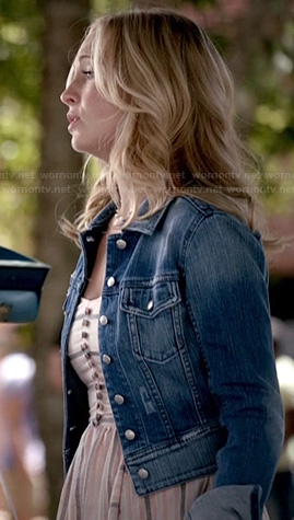 Caroline's striped button front dress and denim jacket on The Vampire Diaries