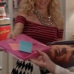 Carrie’s black and white diamond print skirt and pink striped crop top on The Carrie Diaries