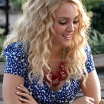 Carrie’s blue and white floral print dress (romper) playing chess on The Carrie Diaries