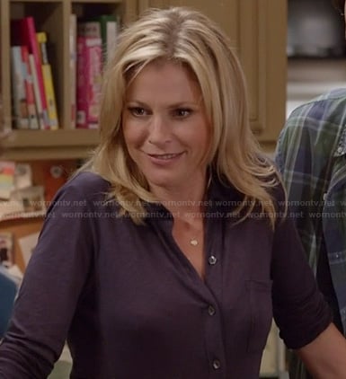 Claire's dark purple button front shirt on Modern Family