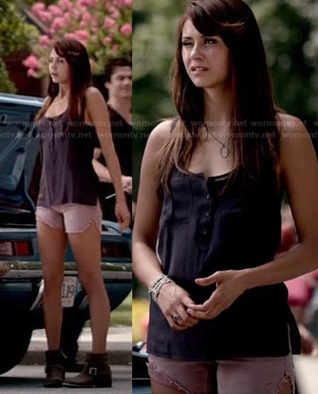 Elena's navy henley tank and pink denim shorts on The Vampire Diaries