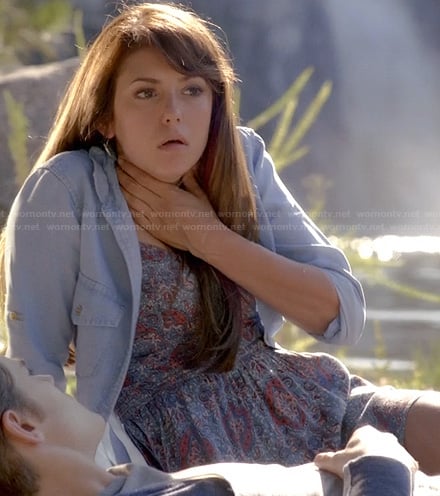 Elena’s paisley strapless dress and chambray embroidered shirt on The Vampire Diaries