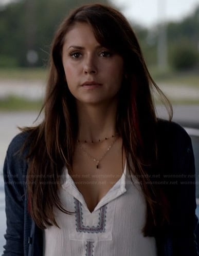 Elena's white split neck top on The Vampire Diaries