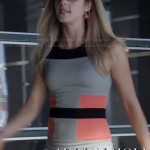 Felicity’s grey, black and orange colorblock dress on Arrow