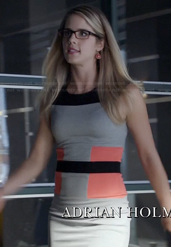 Felicity's grey, black and orange colorblock dress on Arrow