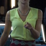 Felicity’s yellow split neck top and burgundy skirt on Arrow