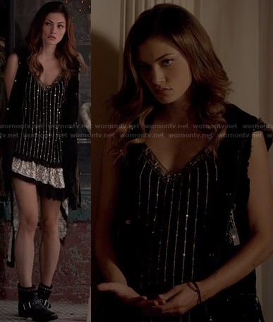 Haley’s black beaded dress and combat boots on The Originals