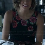 Heather’s black rose print dress on Beauty and the Beast