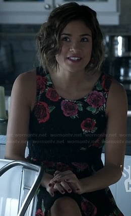 Heather's black rose print dress on Beauty and the Beast