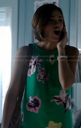 Heather's green floral shift dress on Beauty and the Beast