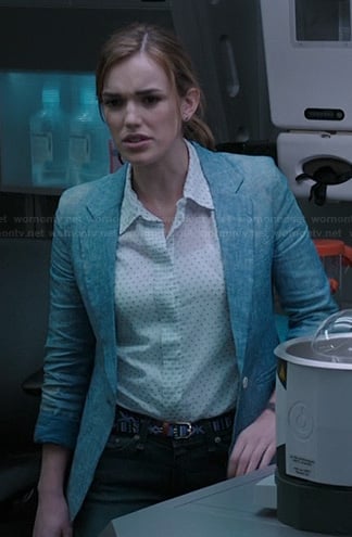 Jemma's white pin dot shirt and chambray blazer on Agents of SHIELD