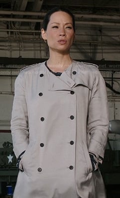 Joan's collarless trench coat on Elementary