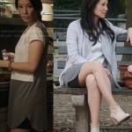 Joan’s white leather and grey two-tone dress on Elementary