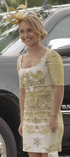 Juliette's yellow graphic printed dress at the polo match on Nashville