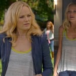 Kate’s grey tank top with yellow trim and blue leather jacket on Trophy Wife