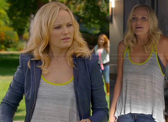 Kate's grey tank top with yellow trim and blue leather jacket on Trophy Wife