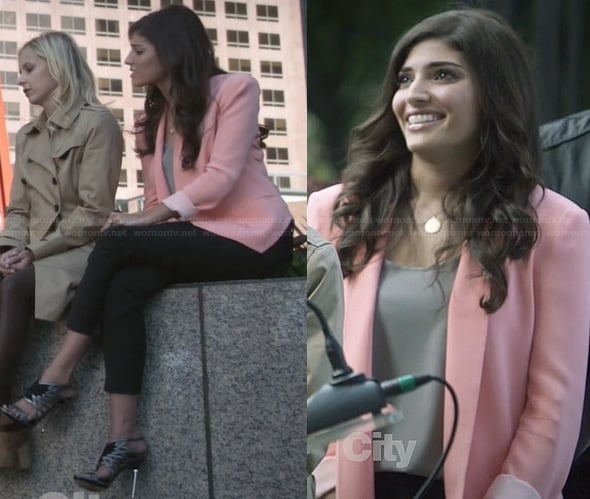 Lauren's pink blazer and silver sandals on The Crazy Ones