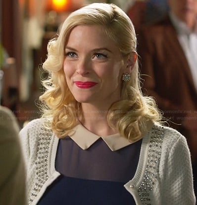 Lemon's blue mesh dress with white collar and beaded cardigan on Hart of Dixie