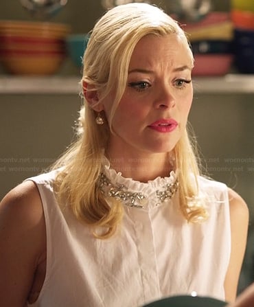 Lemon's white sleeveless top with ruffled embellished neckline on Hart of Dixie