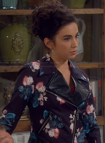 Mandy’s floral print moto jacket with leather lapels on Last Man Standing