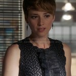 Margaux’s black ruffle front dress on Revenge