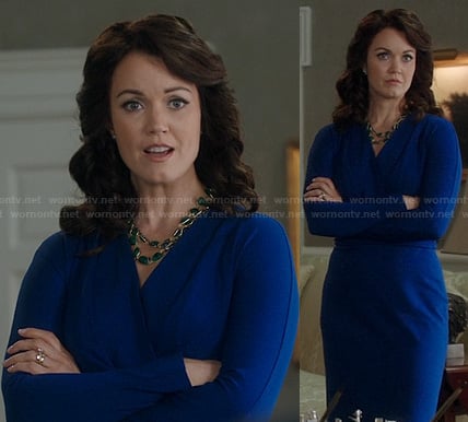 Mellie's blue long sleeved wrap dress on Scandal