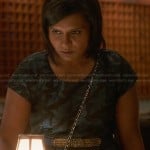 Mindy’s bird print dress and spiked belt on The Mindy Project