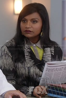 Mindy's black and white patterned jacket on The Mindy Project