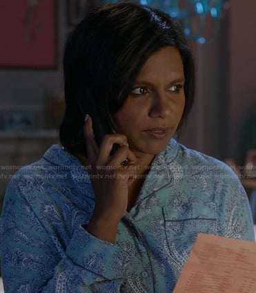 Mindy's blue paisley pajamas on The Mindy Project