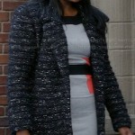 Mindy’s grey colorblock dress and grey boucle coat on The Mindy Project